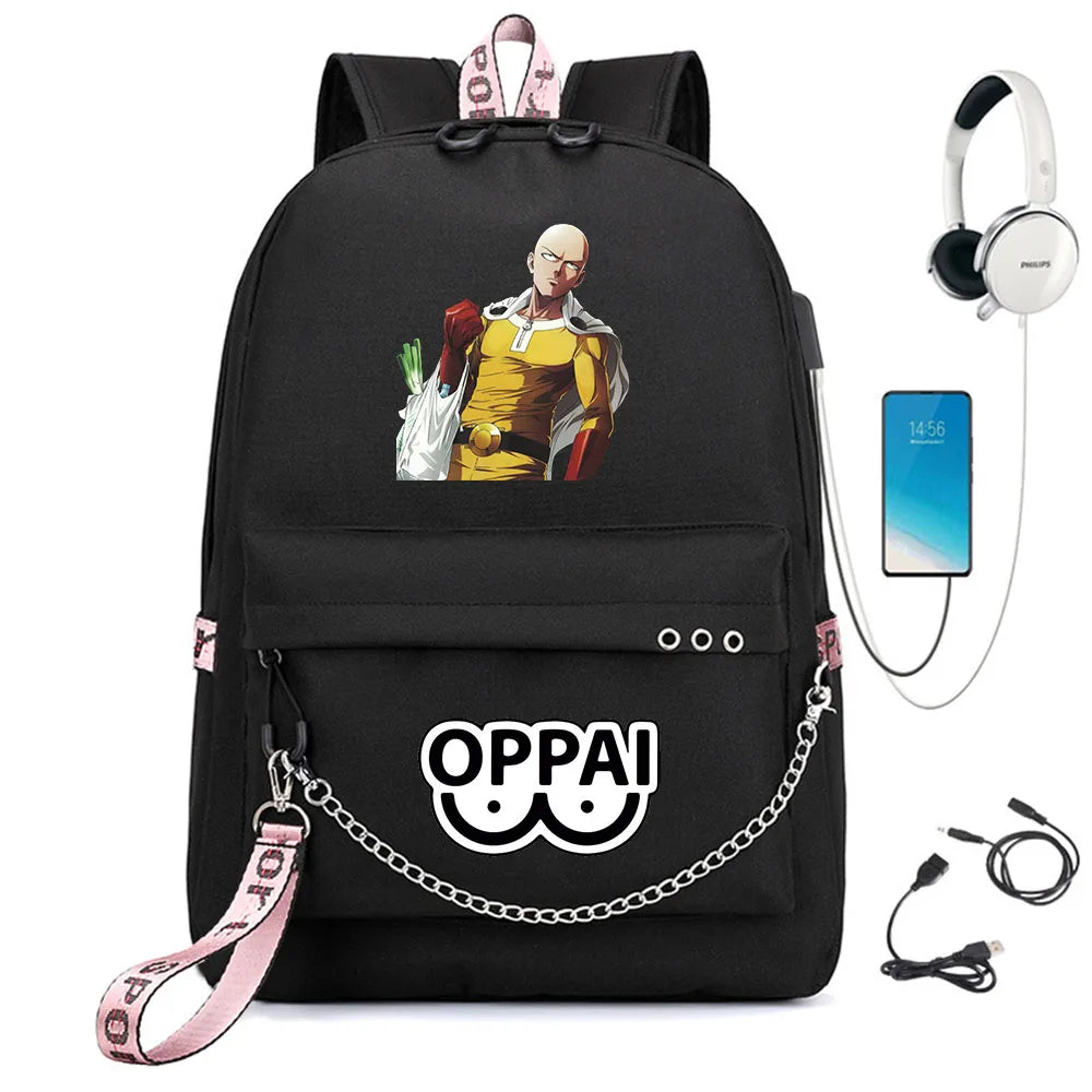 Anime One Punch-Man Backpack USB Charging Headphone Teens Student Schoolbag
