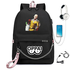 Anime One Punch-Man Backpack USB Charging Headphone Teens Student Schoolbag