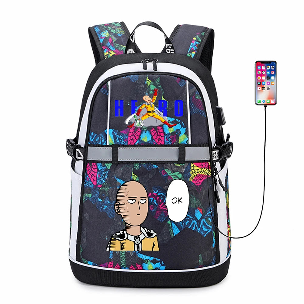 One Punch Man USB Backpack Student Reflective Stripe Zipper Bookbag