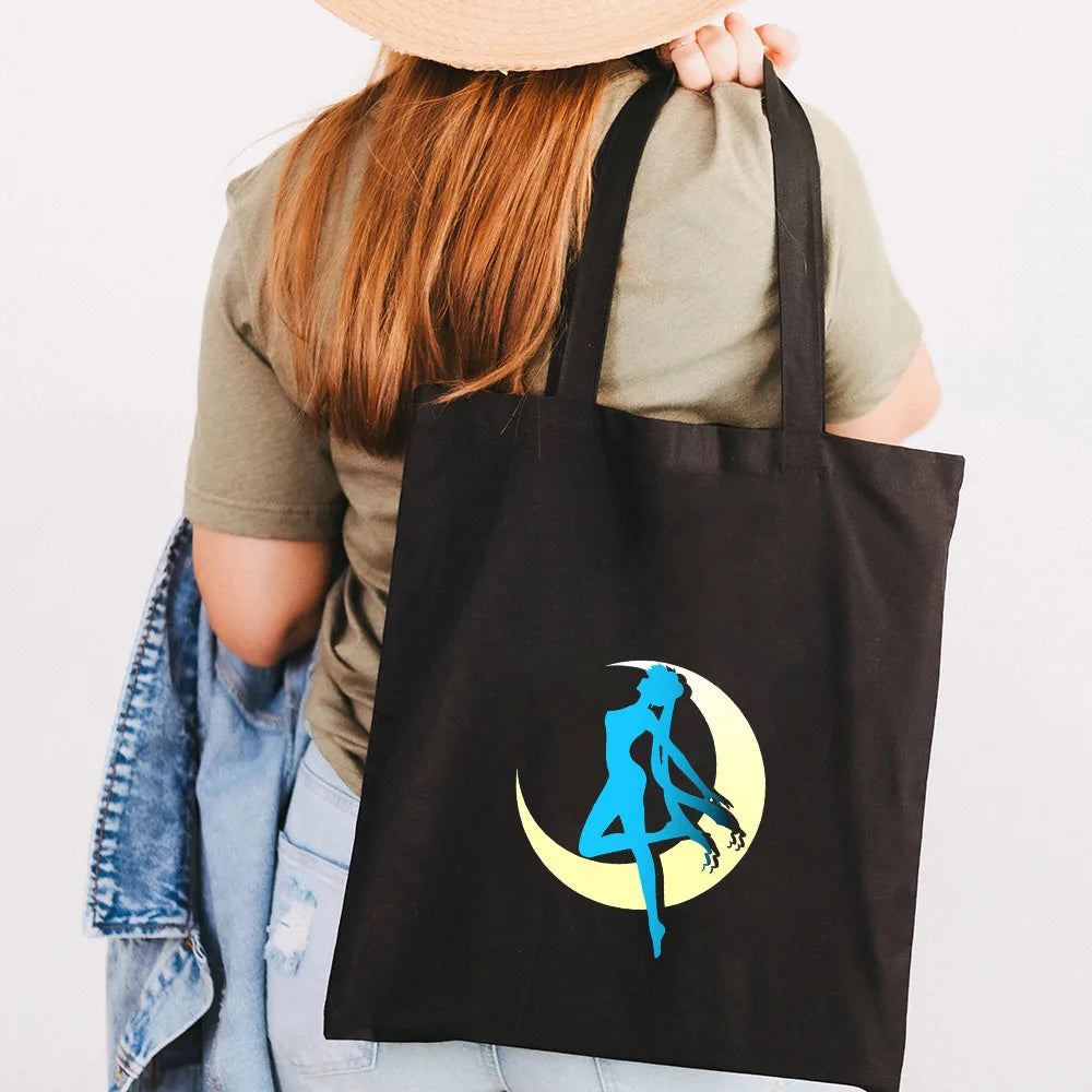 Anime Pink Cartoon Girl Moon Women Canvas Shoulder Bags Harajuku Handbags