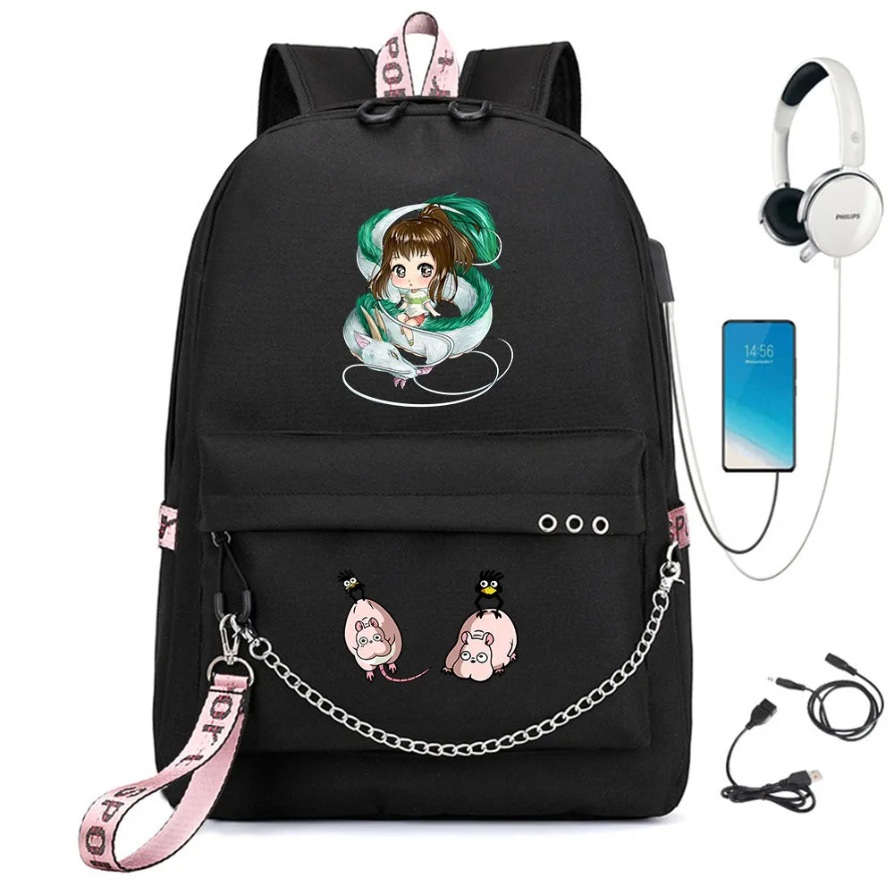 Anime Spirited Away Backpack USB Charging Headphone Teenagers Student Schoolbag