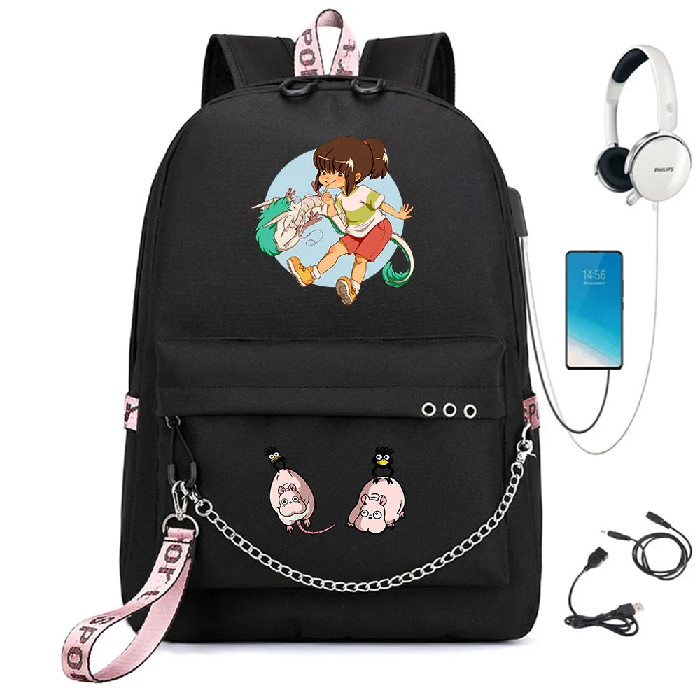 Anime Spirited Away Backpack USB Charging Headphone Teenagers Student Schoolbag