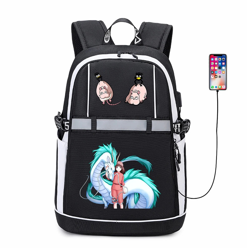Spirited Away Cartoon USB Backpack Reflective Stripe Teenger Bookbag