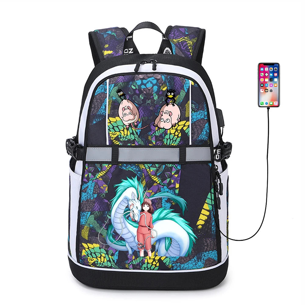 Anime Spirited Away Reflective Stripe USB Backpack Student Bookbag