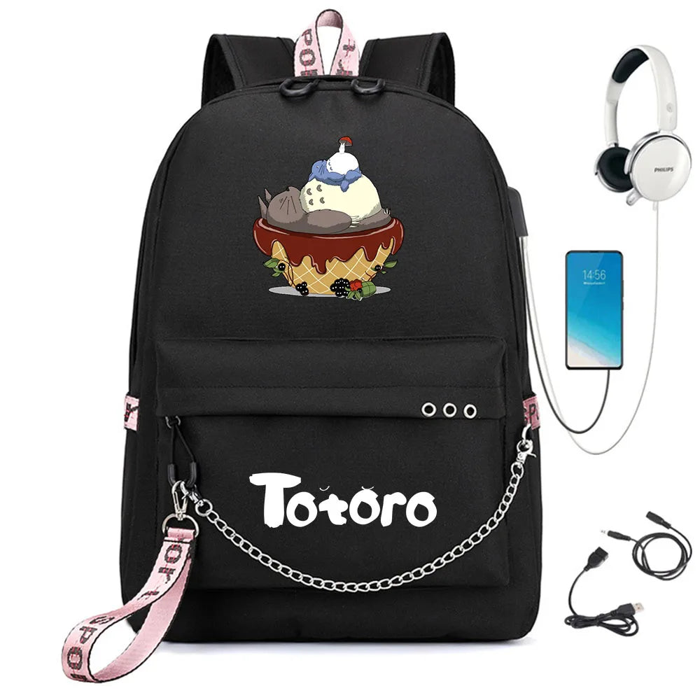 Anime Totoro Nylon Backpack Casual USB Charge Schoolbag Packsack