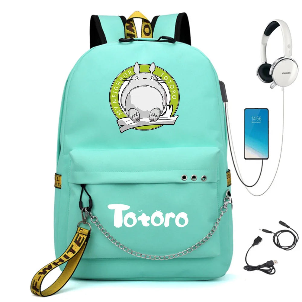 Anime Totoro Nylon Backpack Casual USB Charge Schoolbag Packsack