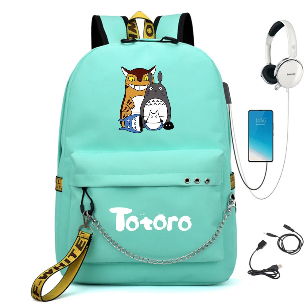 Anime Totoro Nylon Backpack Casual USB Charge Schoolbag Packsack