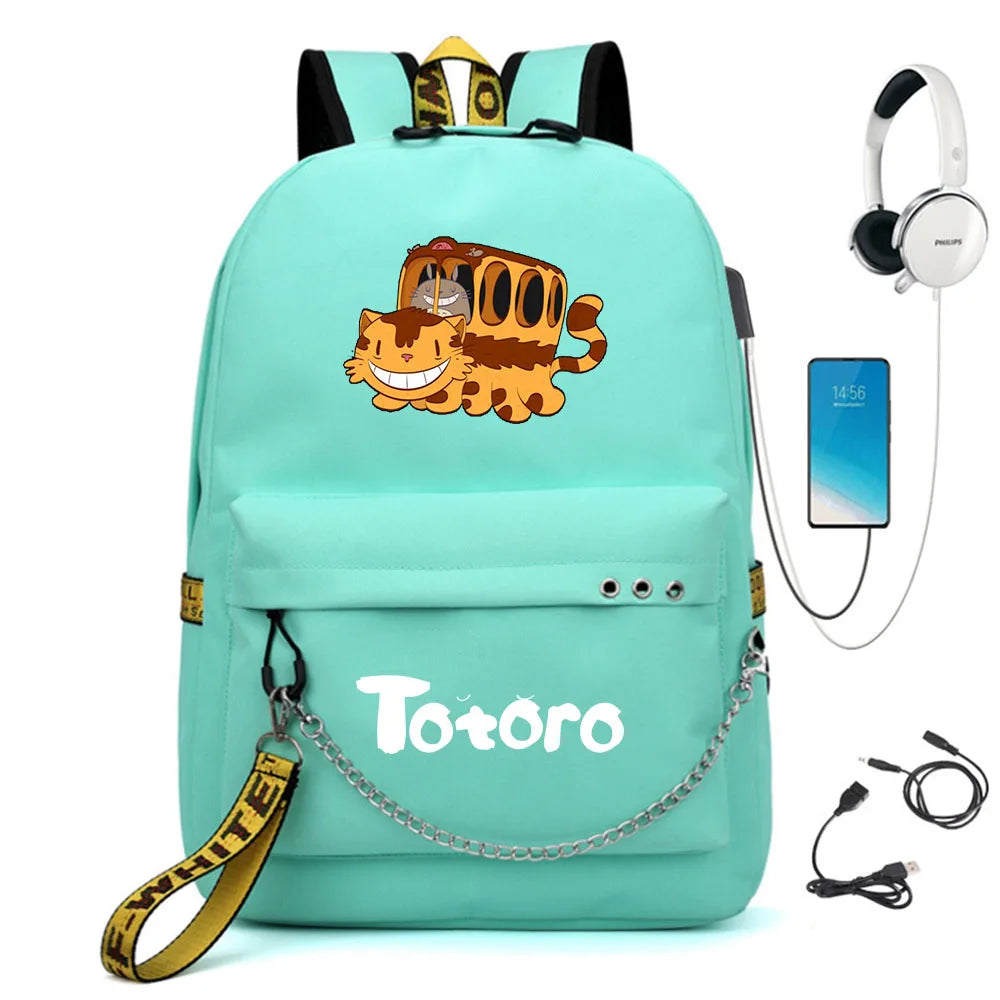 Anime Totoro Nylon Backpack Casual USB Charge Schoolbag Packsack