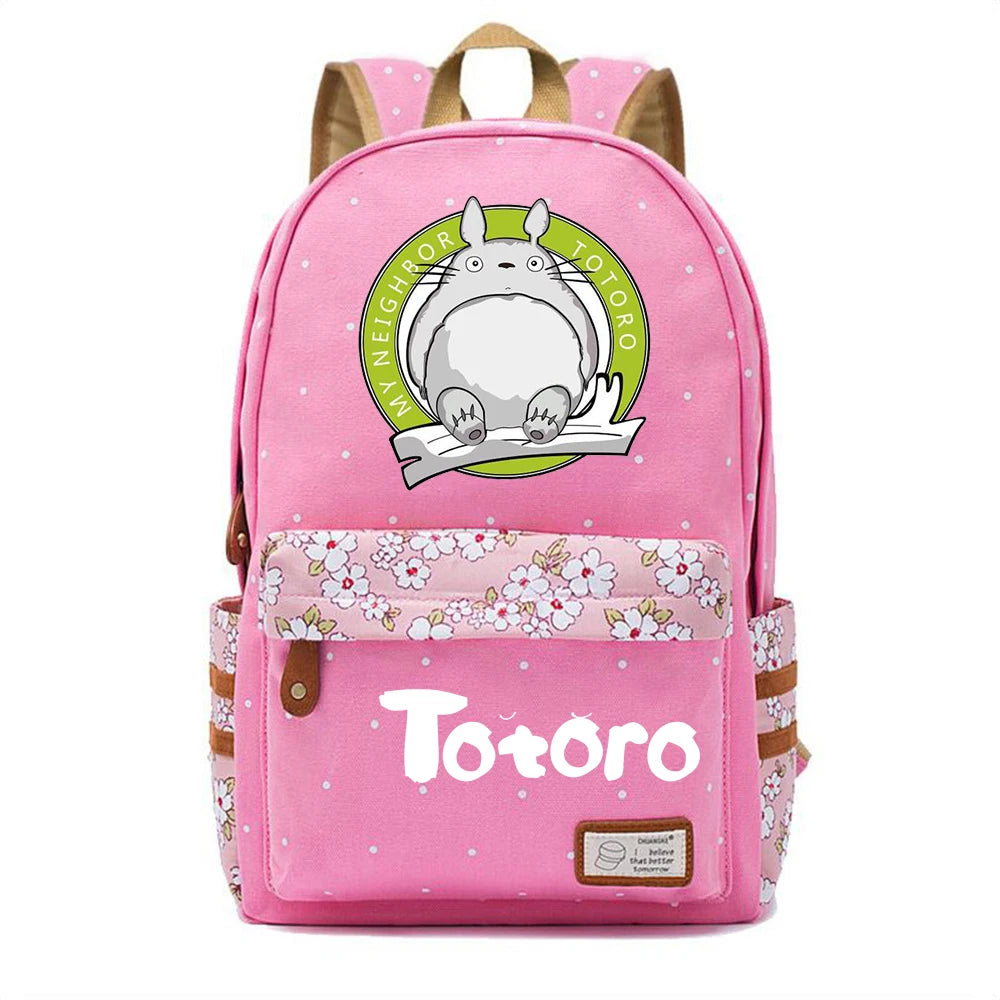 Anime Totoro Zipper Backpack Student Cartoon Schoolbag Canvas Pink