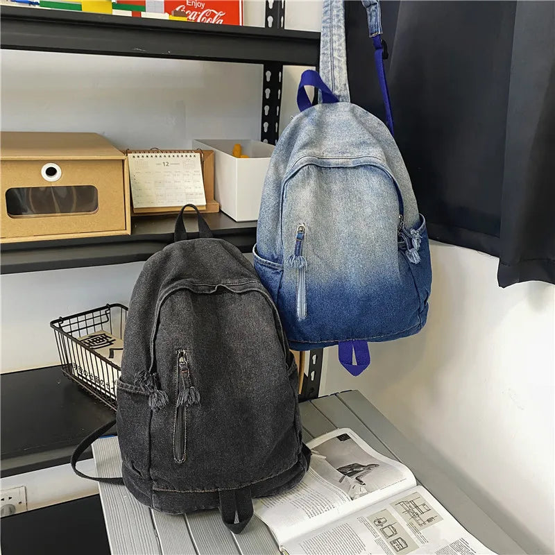 Vintage Women Backpack Denim Daypack Large Capacity Student School Book Bag