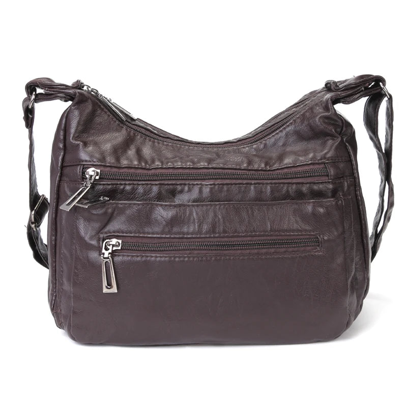Women Leather Crossbody Bag Soft Patchwork Shoulder Bag Multi-pockets M