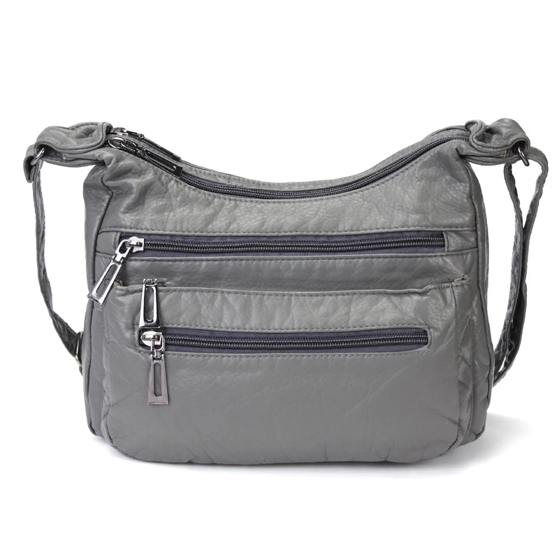 Women Leather Crossbody Bag Soft Patchwork Shoulder Bag Multi-pockets M