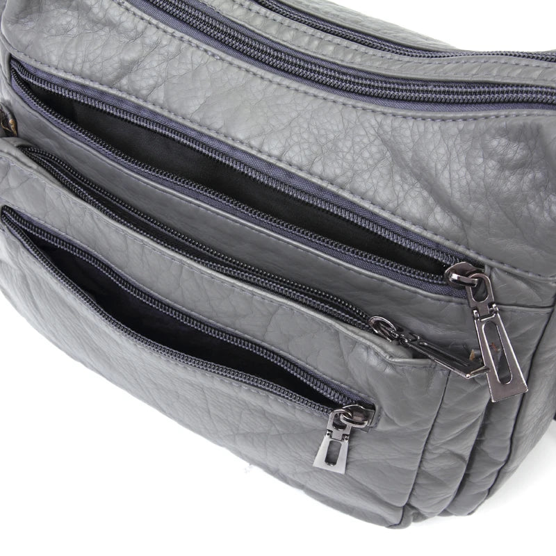 Women Leather Crossbody Bag Soft Patchwork Shoulder Bag Multi-pockets M