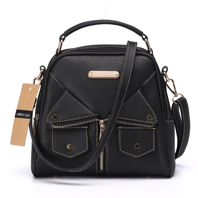 Women Shoulder Bag Handbag Pu Leather Double Zipper Tote Bag Brown