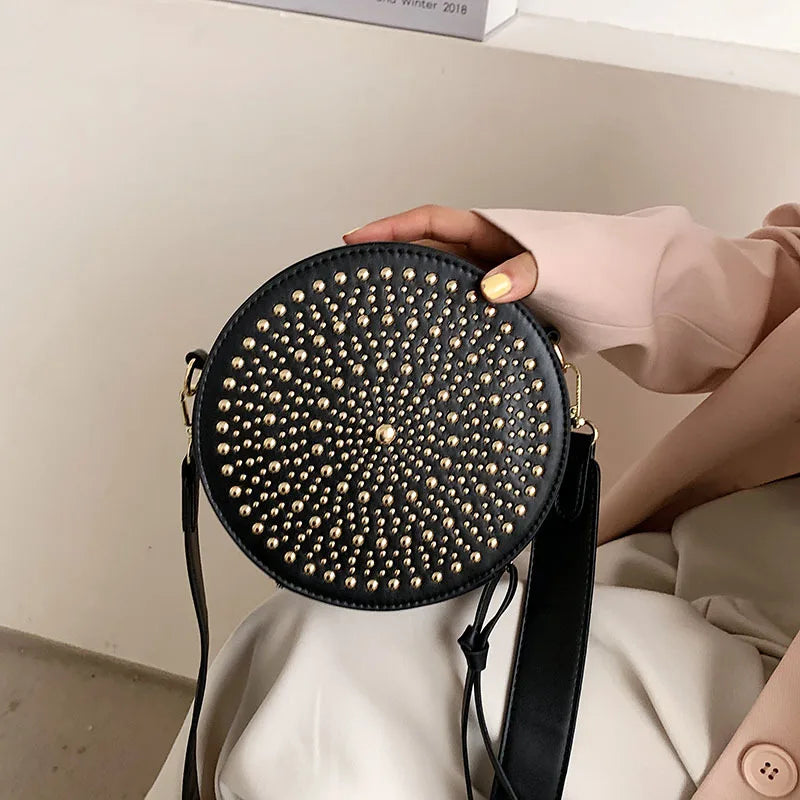 Small Rivet Round Bag Leather Crossbody Bag Girls Purse