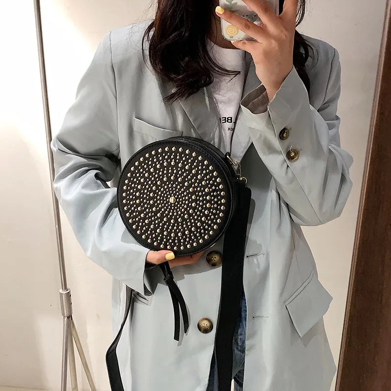 Small Rivet Round Bag Leather Crossbody Bag Girls Purse