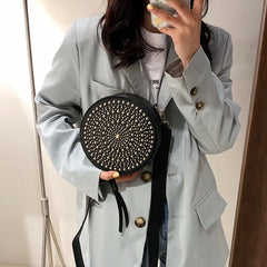 Small Rivet Round Bag Leather Crossbody Bag Girls Purse