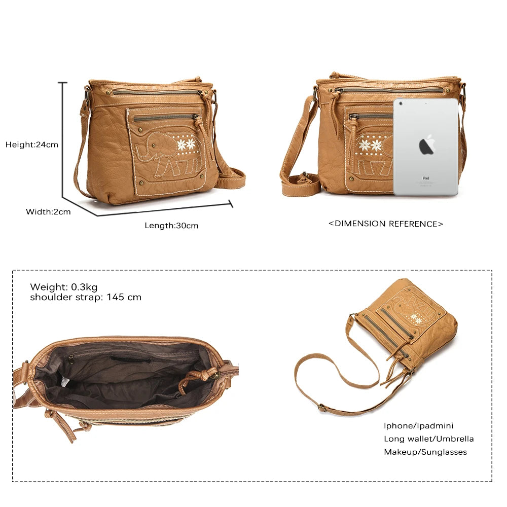 Women Shoulder Bag Leather Crossbody Elephant Patchwork Messenger Purse