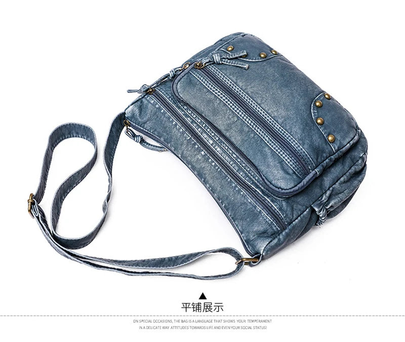 Vintage Soft Leather Crossbody Bag with Rivet Detail