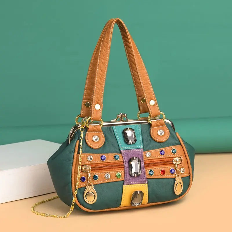 Soft Leather Shoulder Bag with Diamond Crossbody Purse
