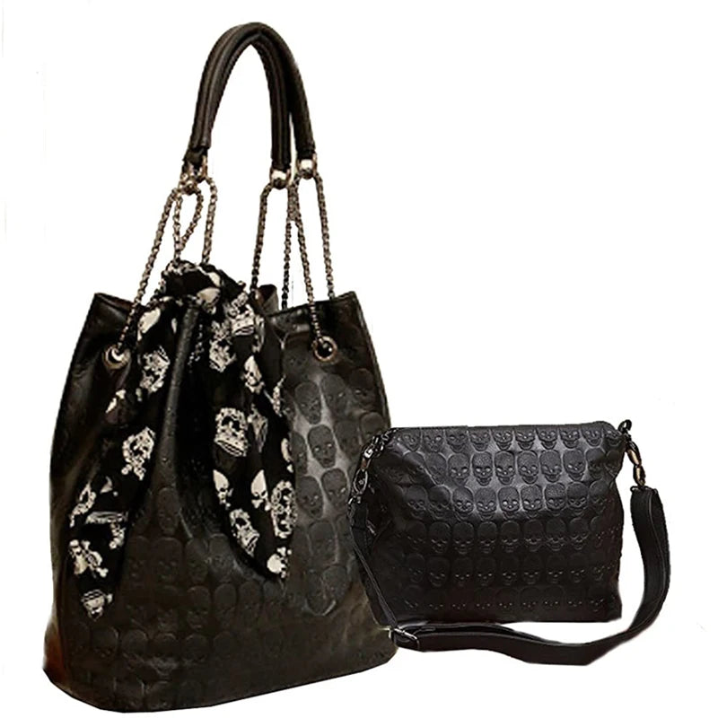 Skull Women Handbag Set Large Capacity Tote Bag Skeleton Leather Purse