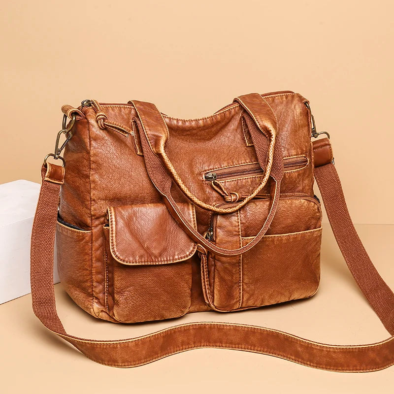 Brown Leather Tote Bag Large Capacity Shoulder Purse Crossbody