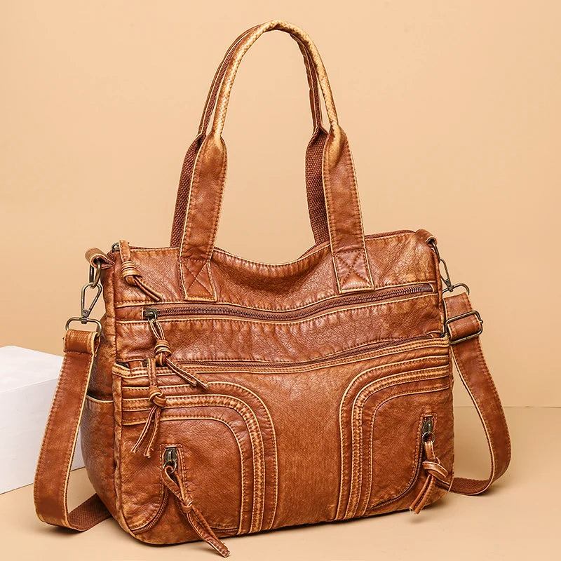 Brown Leather Tote Bag Large Capacity Shoulder Purse Crossbody