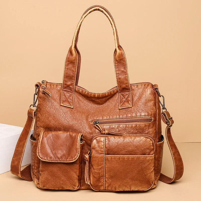 Brown Leather Tote Bag Large Capacity Shoulder Purse Crossbody