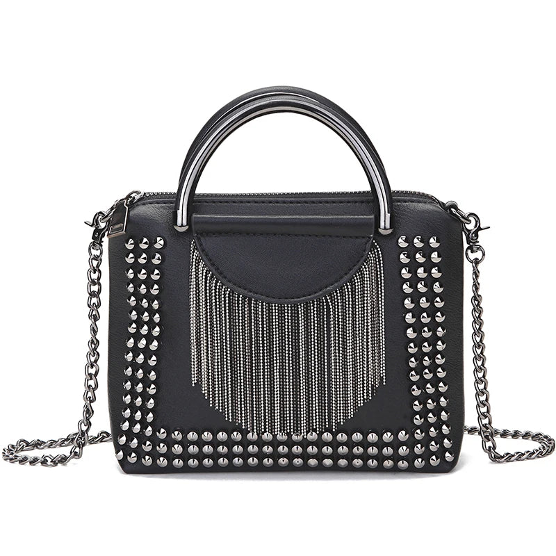 Punk Style Women Handbag PU Leather Tote Bag with Tassel Chain