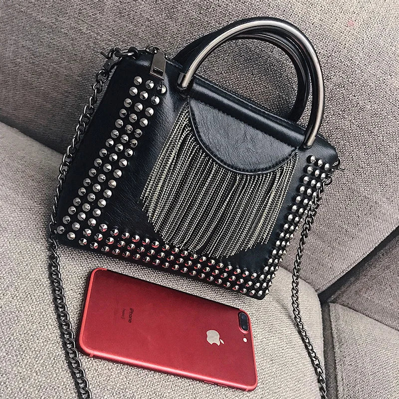 Punk Style Women Handbag PU Leather Tote Bag with Tassel Chain