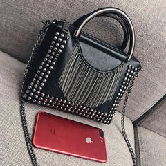 Punk Style Women Handbag PU Leather Tote Bag with Tassel Chain