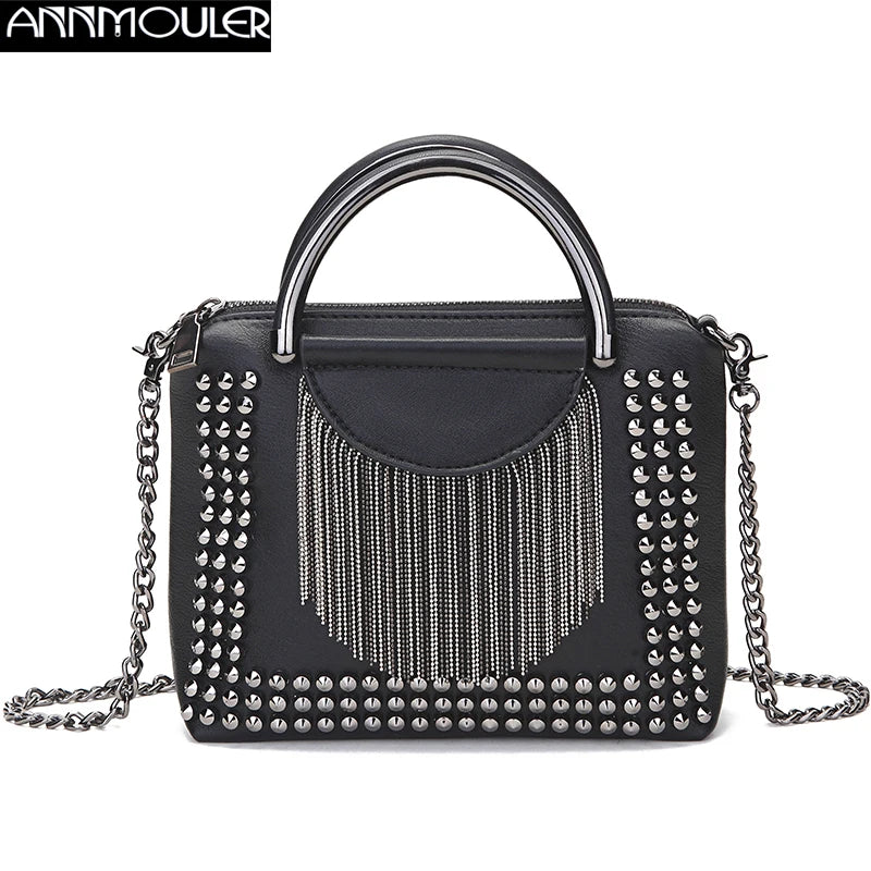 Punk Style Women Handbag PU Leather Tote Bag with Tassel Chain