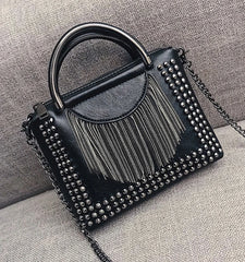 Punk Style Women Handbag PU Leather Tote Bag with Tassel Chain