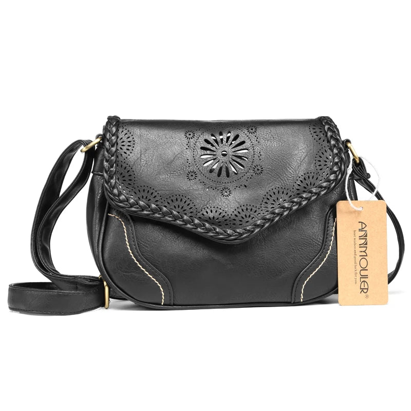Vintage PU Leather Crossbody Shoulder Bag Hollow Out Satchel Totes