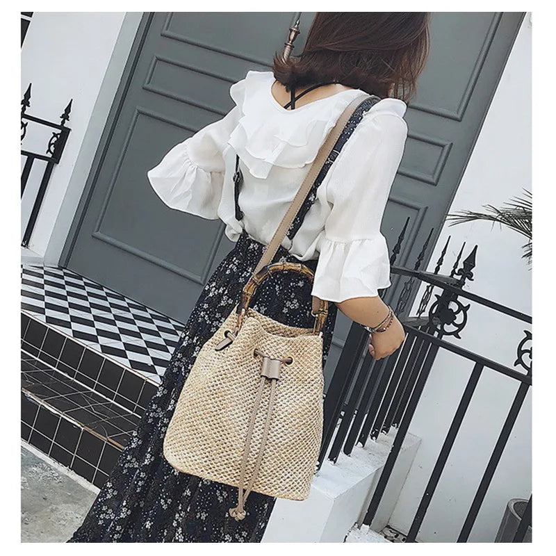 Women's Rattan Beach Straw Bucket Bag Handbag