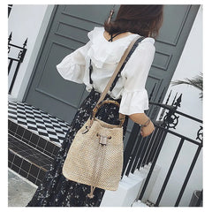 Women's Rattan Beach Straw Bucket Bag Handbag
