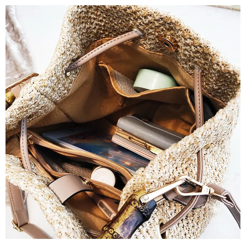 Women's Rattan Beach Straw Bucket Bag Handbag