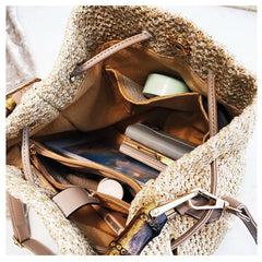 Women's Rattan Beach Straw Bucket Bag Handbag