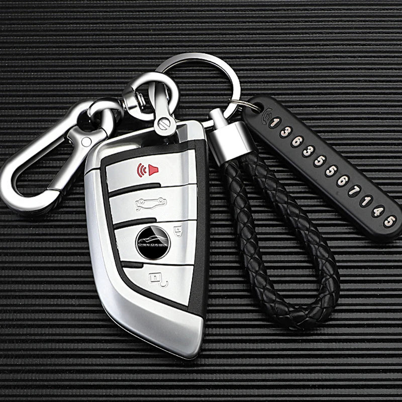 Anti-lost Key Wallet Phone Number Plate Leather Keychain Metal Key Ring