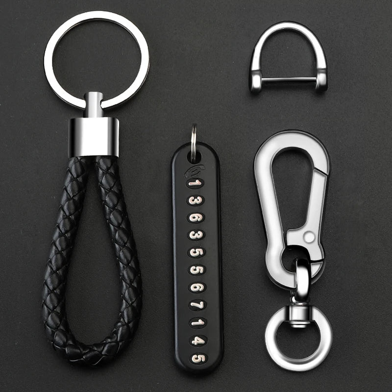 Anti-lost Key Wallet Phone Number Plate Leather Keychain Metal Key Ring