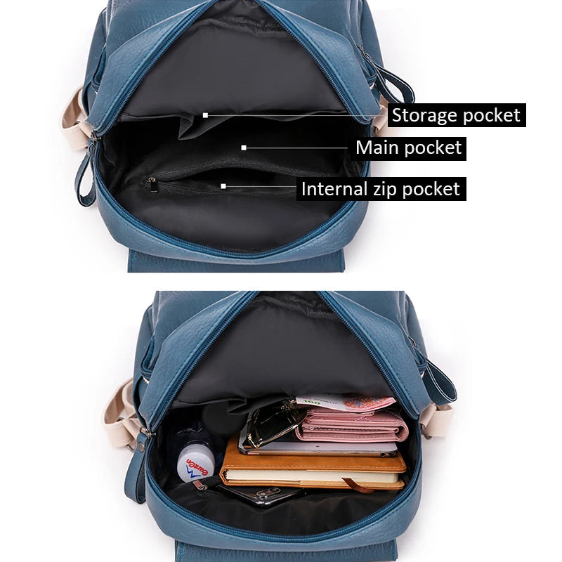 Soft Leather Backpack Patchwork Shoulder Bag Large Capacity School Bags