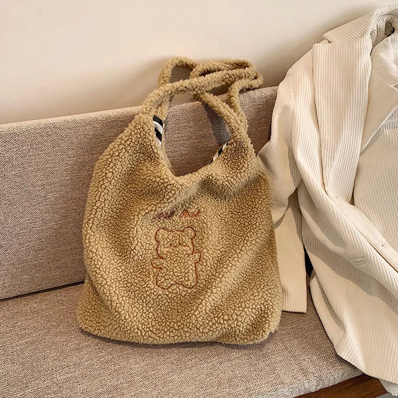 Japanese Plush Shoulder Bag Bear Embroidery Handbags
