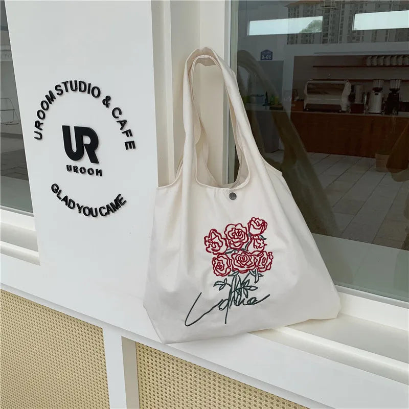 Women's Floral Embroidered Canvas Tote Bag