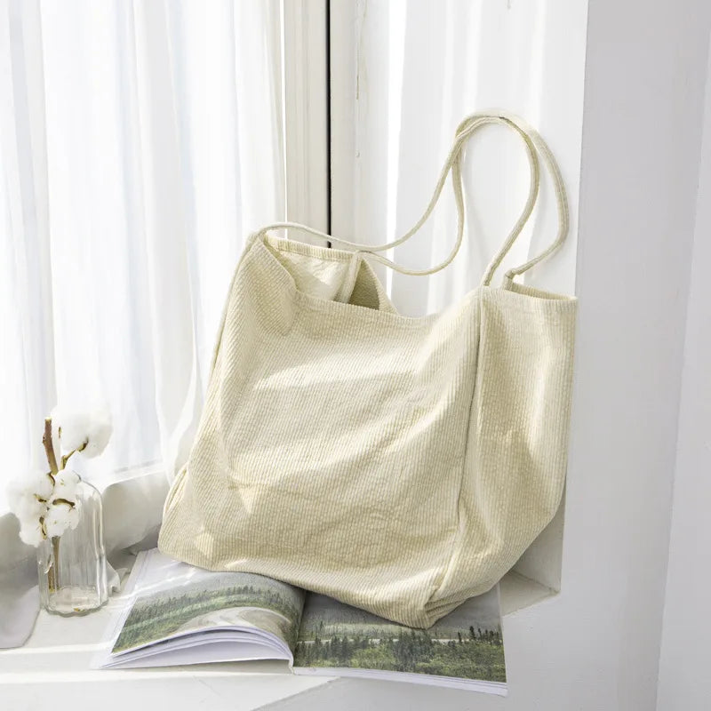 Corduroy Handbag Large Capacity Shopping Bag Casual Shoulder Tote