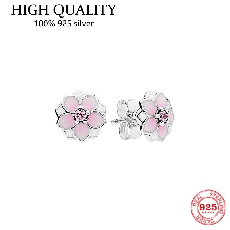 S925 Pink Magnolia Earrings Women's Silver Jewelry