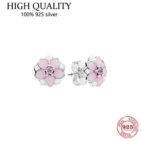 S925 Pink Magnolia Earrings Women's Silver Jewelry