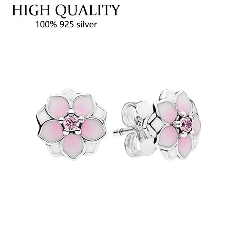 S925 Pink Magnolia Earrings Women's Silver Jewelry