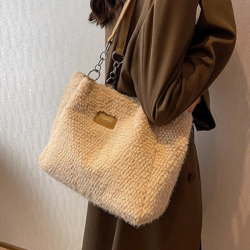Autumn Winter Plush Shoulder Bag Women Large Capacity Handbag