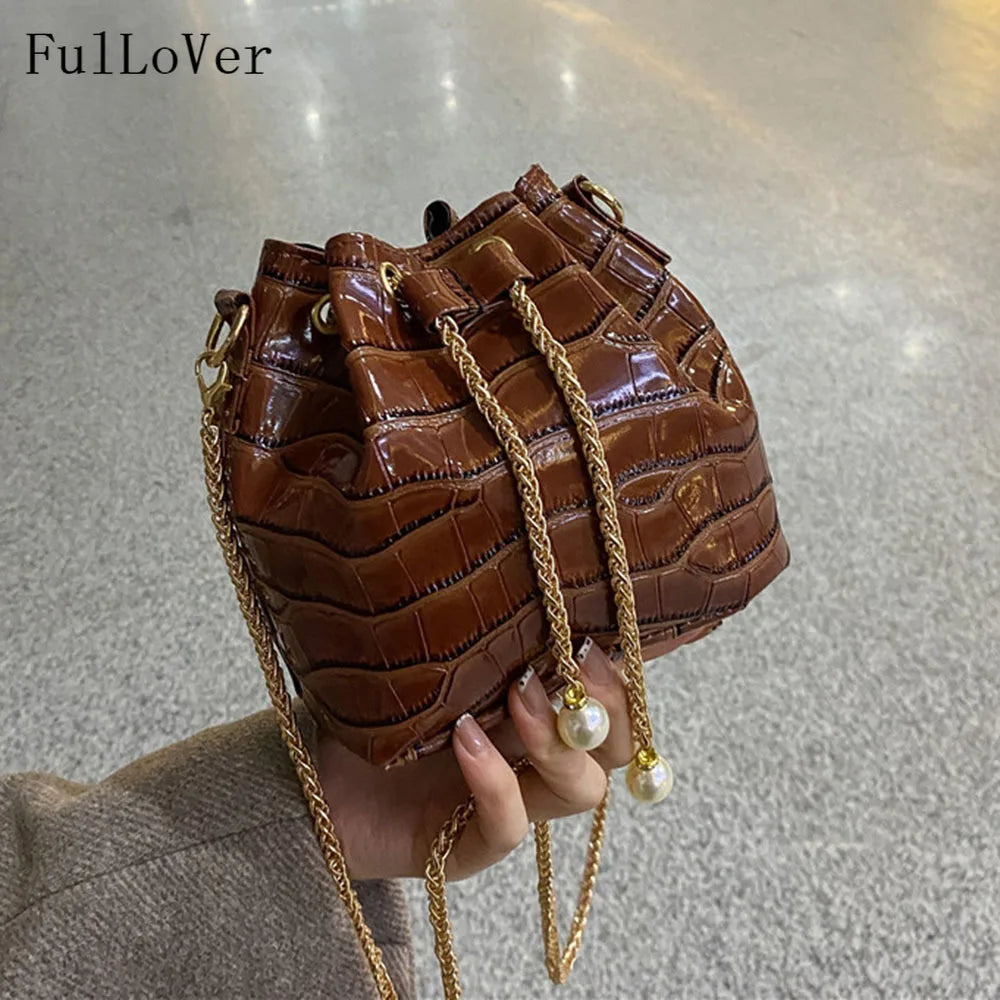 Autumn Winter Texture Women Messenger Bags Retro Shoulder Chain Draw Bucket Bags