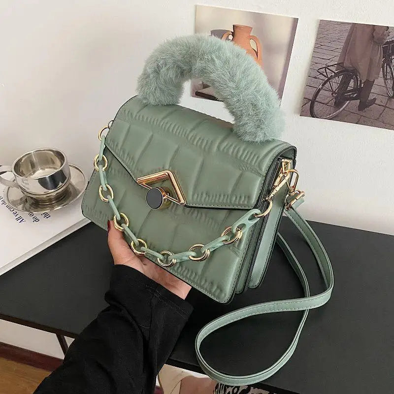 Autumn Chain Diamond Small Square Bag Faux Fur Handbag